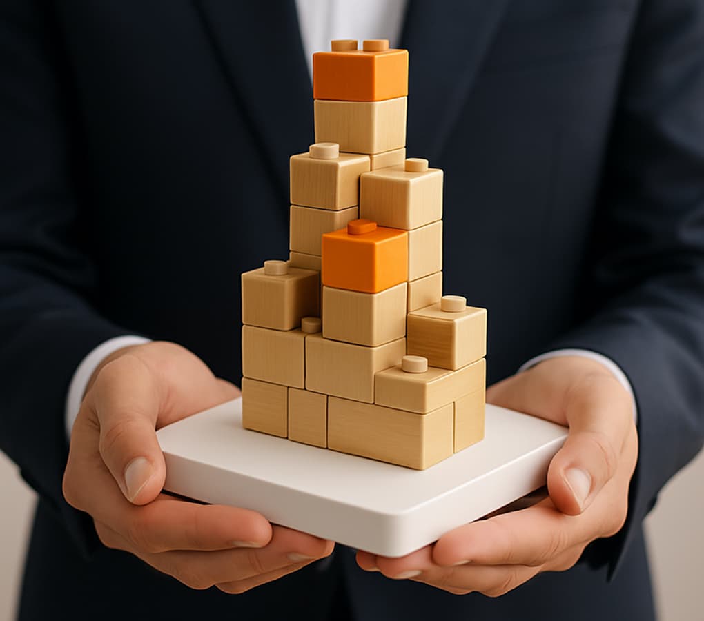 Person holding a tower of LEGO blocks